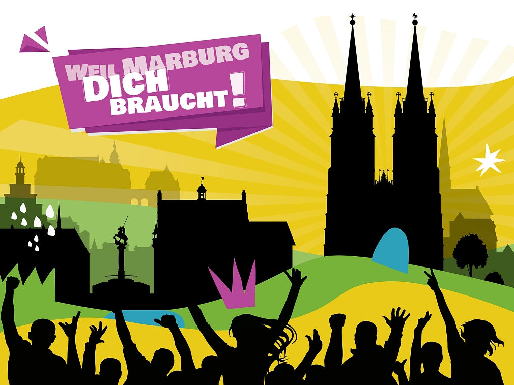 Werbebanner Werde Erzieher*in – weil Marburg dich braucht Mehrfarbige scherenschnittartige Illustration mit jungen Menschen vor der Silhouette der Stadt Marburg und dem Schriftzug der "Weil Marburg dich braucht". © ArtFactory