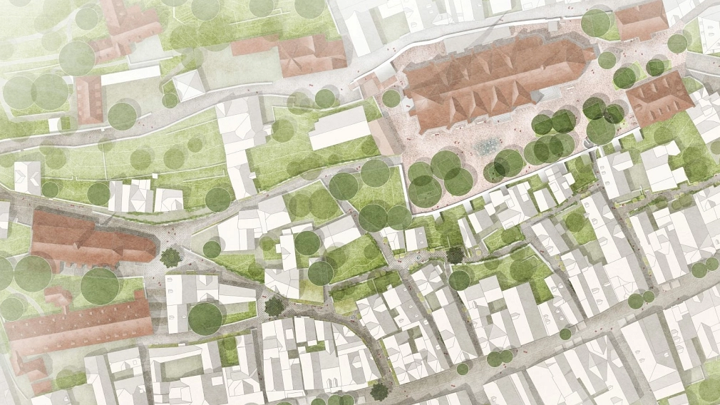 Entwurf zur klimagerechten Neugestaltung des Lutherischen Kirchhofs in der Marburger Oberstadt, Kartendarstellung, Terranova Landschaftsarchitektur, München (3. Platz).