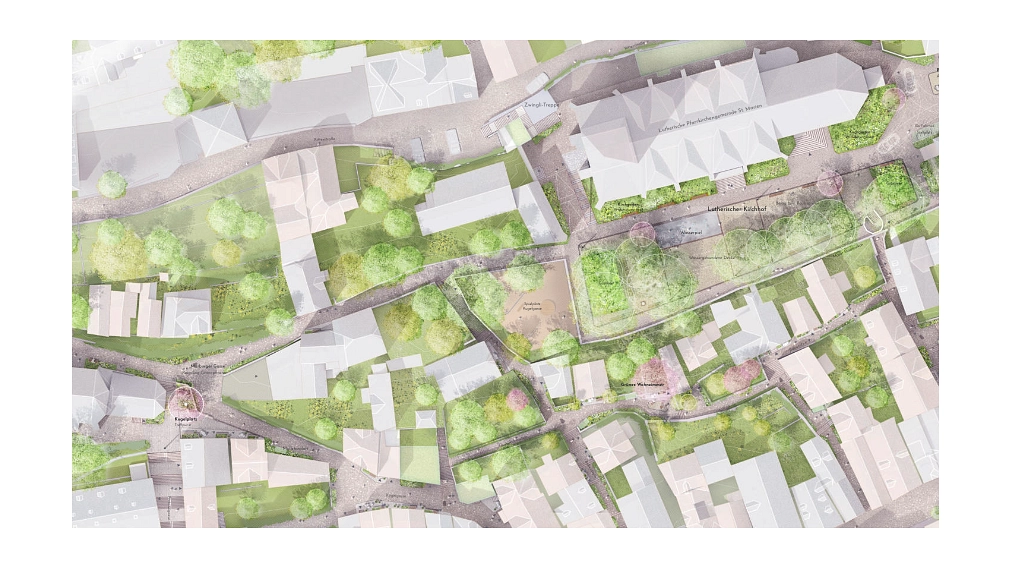 Entwurf zur klimagerechten Neugestaltung des Lutherischen Kirchhofs in der Marburger Oberstadt, Kartendarstellung, Greenbox Landschaftsarchitekten aus Köln (2. Platz)