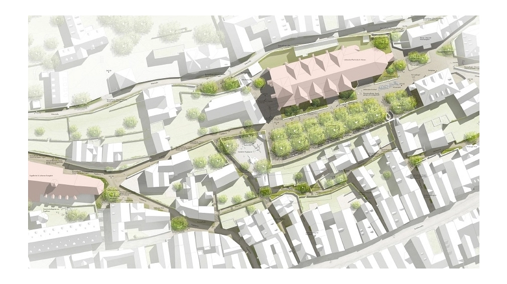 Entwurf zur klimagerechten Neugestaltung des Lutherischen Kirchhofs in der Marburger Oberstadt, Kartendarstellung, bbz Landschaftsarchitekten aus Berlin (1. Platz)