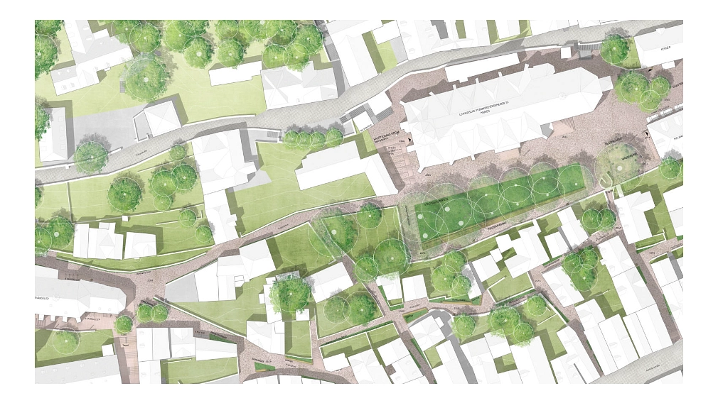 Entwurf zur klimagerechten Neugestaltung des Lutherischen Kirchhofs in der Marburger Oberstadt, Kartendarstellung, A24 Landschaftsarchitektur aus Berlin (Anerkennung)