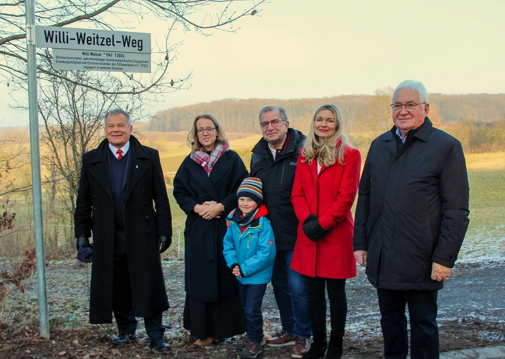 Fünf Erwachsene und ein Kind stehen unterhalb des Straßenschildes am Rande eines Weges.