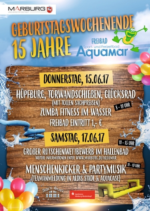 Geburtstagsparty 15 Jahre Freibad AquaMar_Plakat